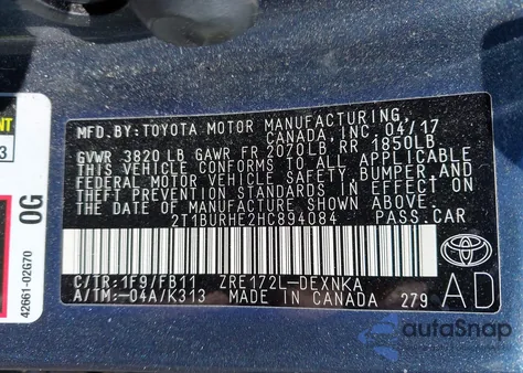 2017 Toyota Corolla Le from USA, damaged, VIN 2T1BURHE2HC894084